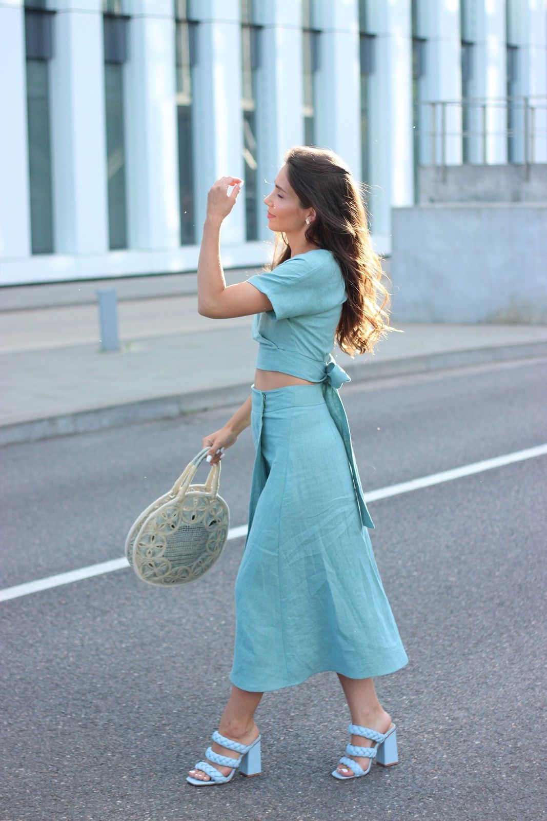 Teal Linen Wrap Top and A-Line Midi Skirt for Casual Summer Wear Summer Two Piece Set Outfits 2027
