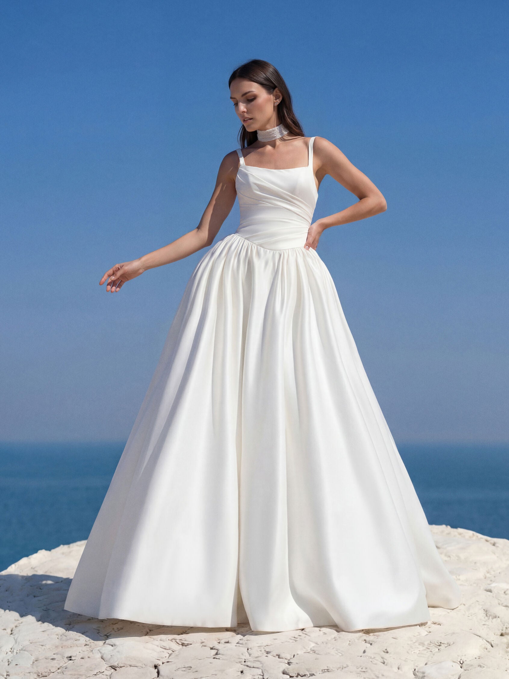 Dramatic White Satin Ballgown with Structured Square Neckline Dramatic White Satin Ballgown with Structured Square Neckline — Square Neck Wedding Dresses 2027