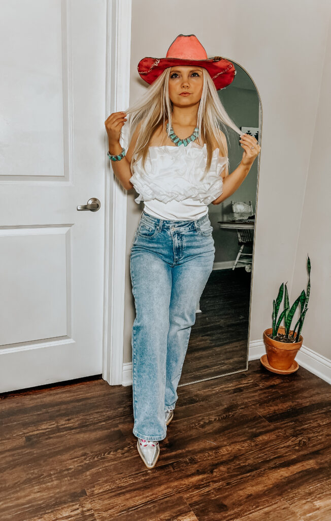 Vibrant Western Pop: Off-the-Shoulder Top and Red Hat Vibrant Western Pop: Off-the-Shoulder Top and Red Hat — Western Outfits 2027