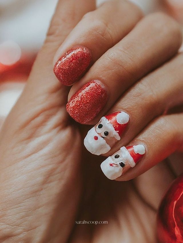Red White Black Skin Tone Short Oval 3D Santa Face Glitter Nails Red White Black Skin Tone Short Oval 3D Santa Face Glitter Nails — Santa Nails 2026
