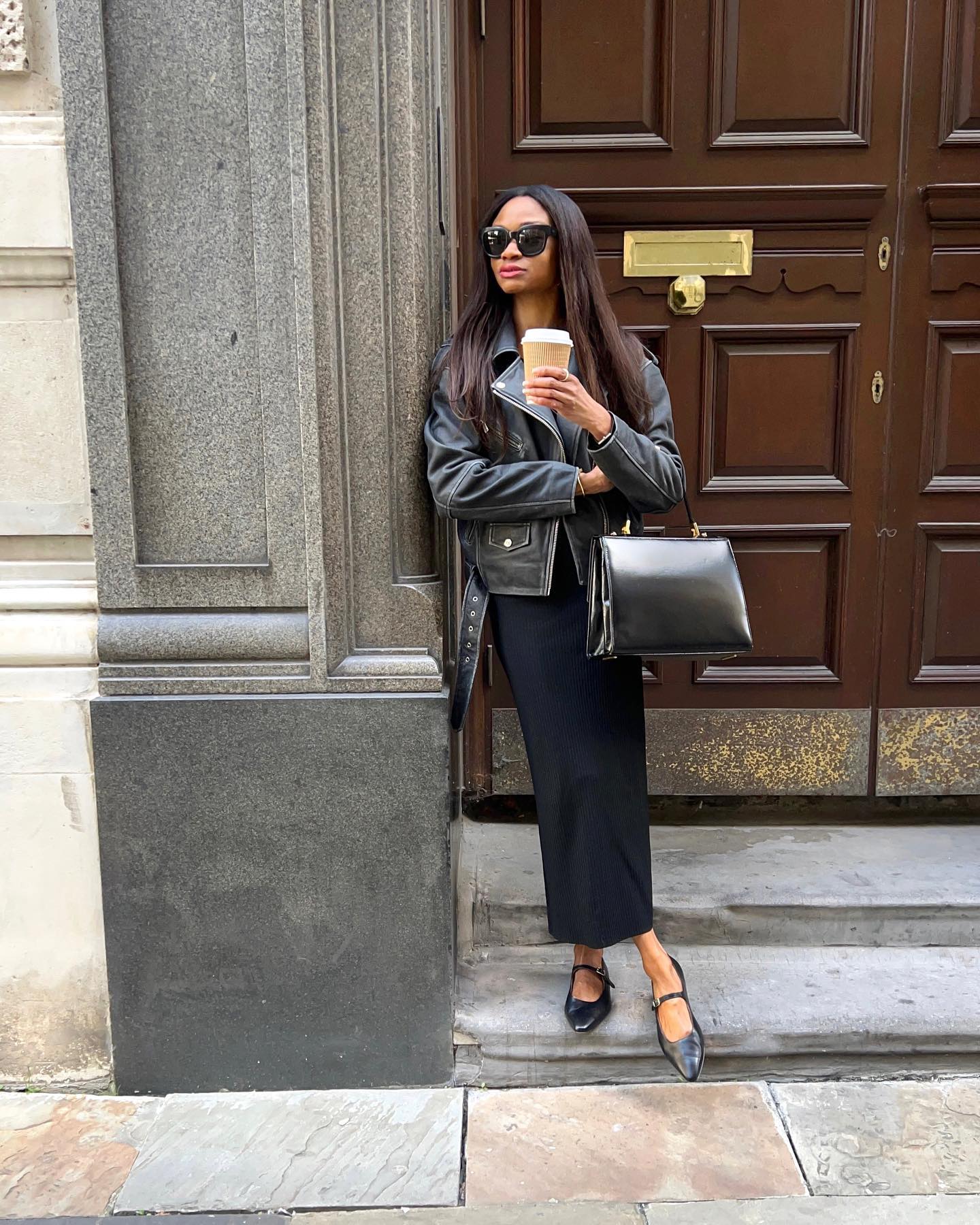 Casual Daytime Cool: Ribbed Knit Midi Dress with Leather Moto Jacket Casual Daytime Cool: Ribbed Knit Midi Dress with Leather Moto Jacket — Dress 2027 with Leather Jacket Outfit