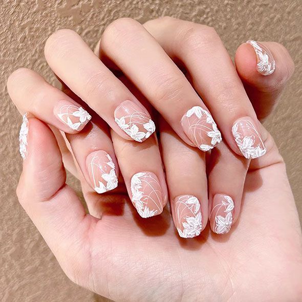 One Hand Short Square with White Floral Lace Overlay — Floral Wedding Nails 2027