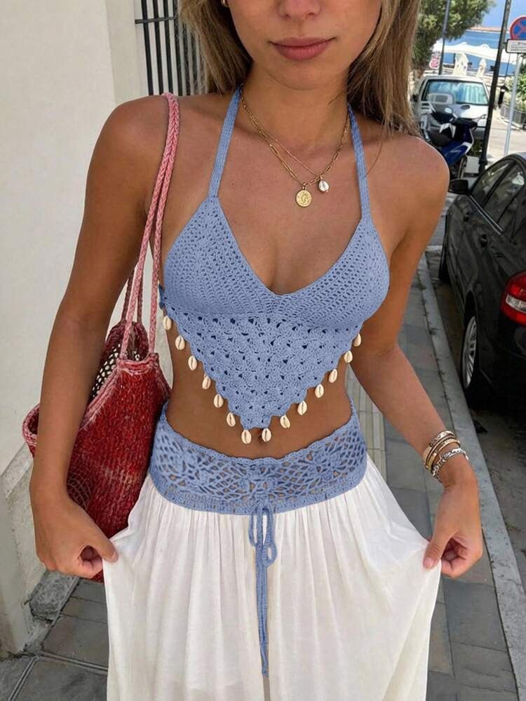 Blue Crochet Halter Top with Shell Embellishments Blue Crochet Halter Top with Shell Embellishments — Boho Crochet Outfits 2027