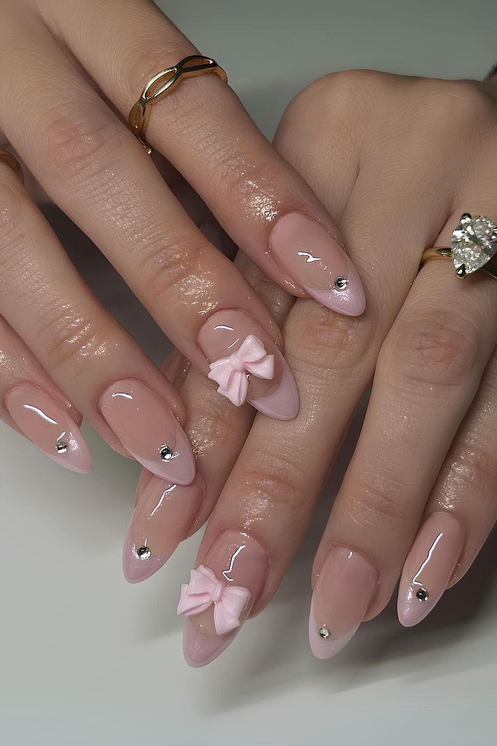 3D Pink Bow Rhinestone French Tips 3D Pink Bow Rhinestone French Tips — Small Bow Nails 2027