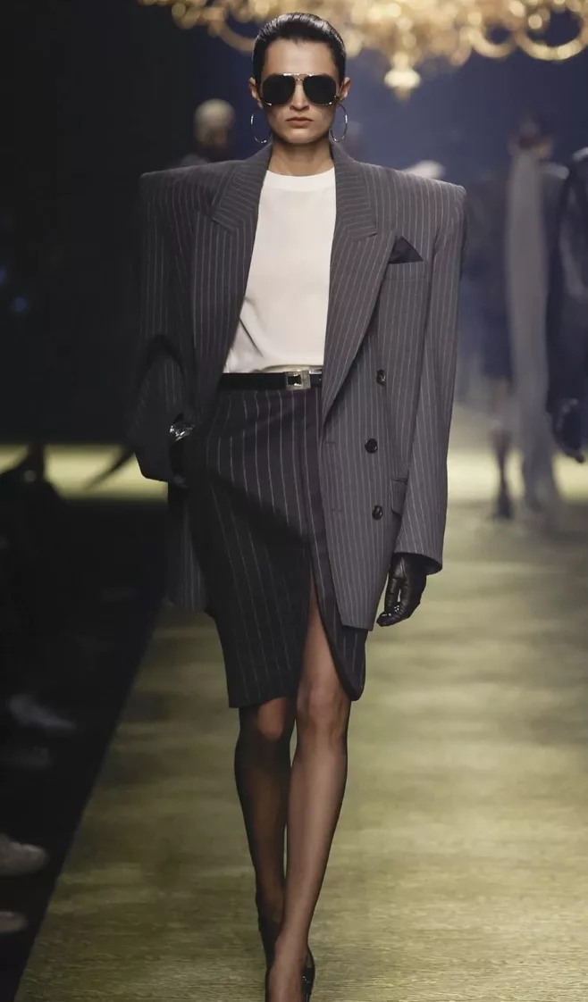 Oversized Grey Pinstripe Blazer and Wrap Skirt Oversized Grey Pinstripe Blazer and Wrap Skirt — Glamoratti Outfits 2027