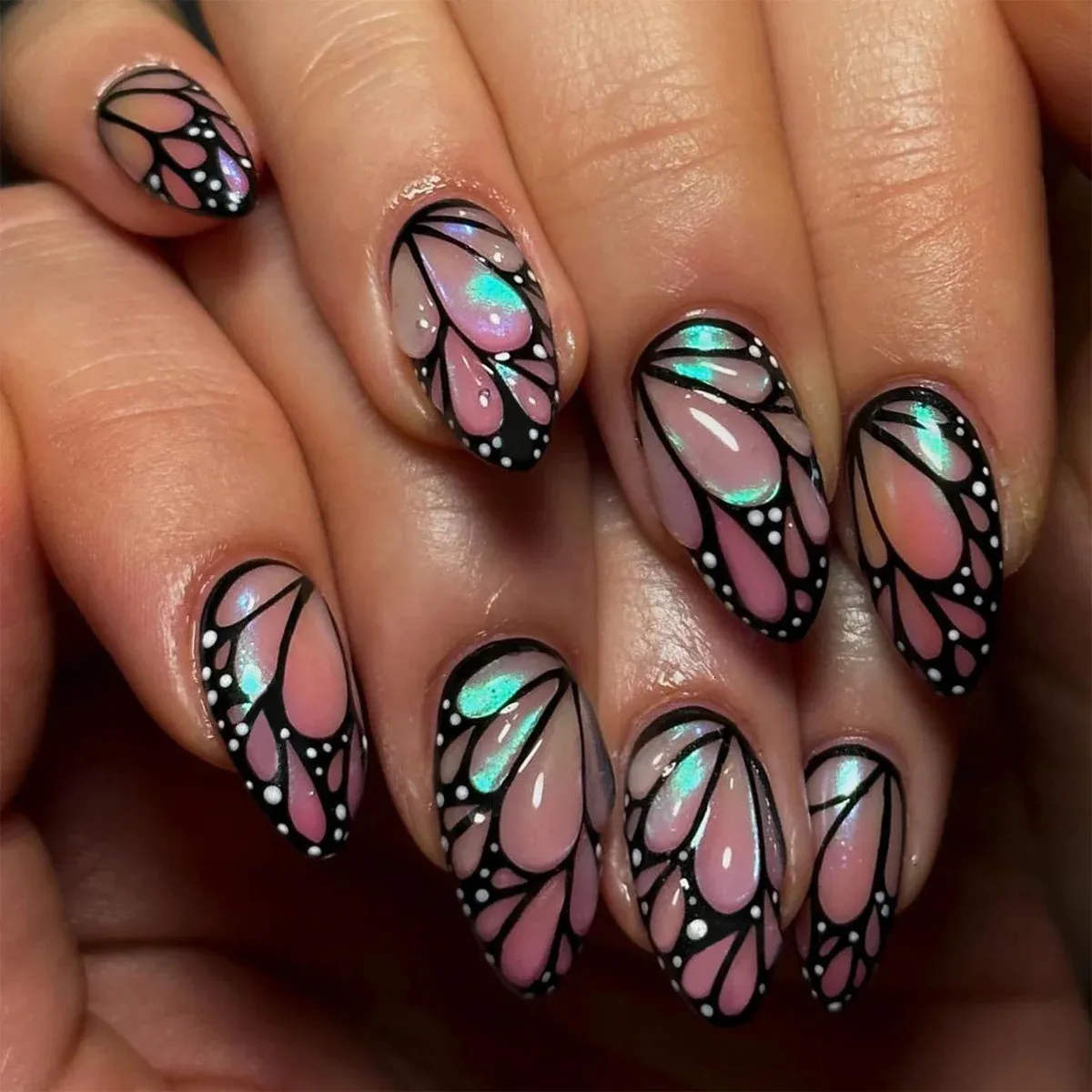 3D Butterfly Almond False Nails, Green Pearlescent Press-On Nails with Glue, Detachable Natural-Look Nail Art, Butterfly Nail Designs, 24 Pcs Set
