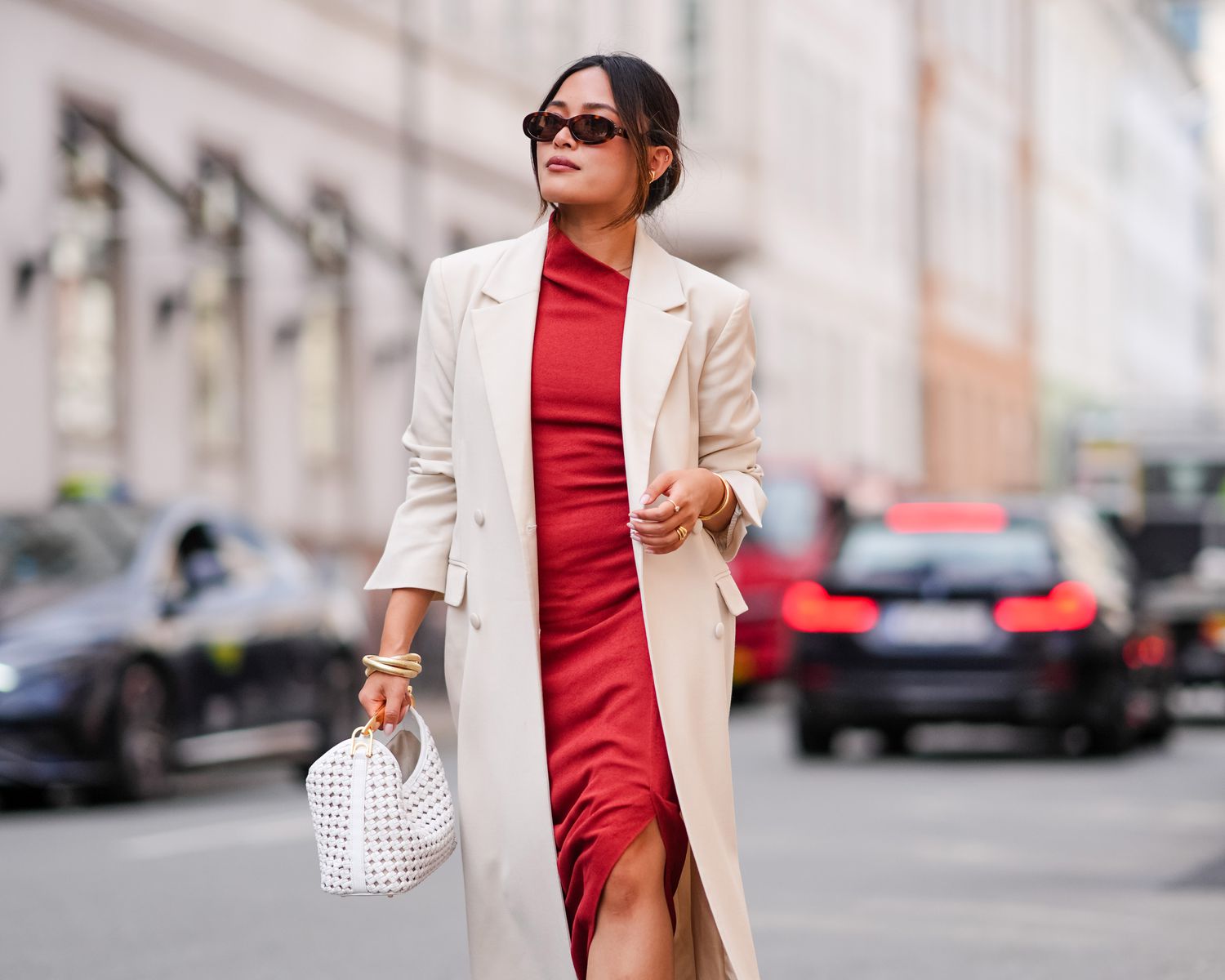 Red Ruched Midi Dress Under Cream Blazer for a Holiday Statement Red Ruched Midi Dress Under Cream Blazer for a Holiday Statement — Holiday Outfits 2026