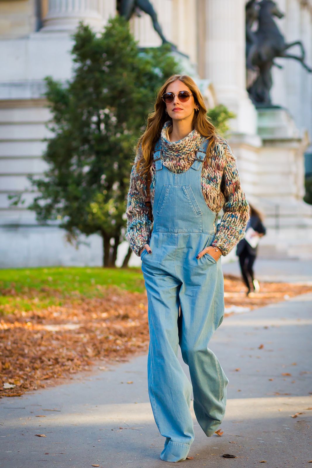 Light Blue Wide-Leg Overalls with a Chunky Multicolored Knit Sweater Light Blue Wide-Leg Overalls with a Chunky Multicolored Knit Sweater — Overalls 2027
