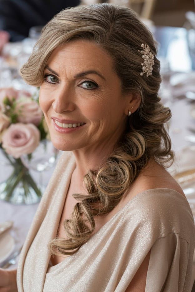 Voluminous Blonde Side-Swept Curls — Down Mother of the Bride Hairstyles 2027