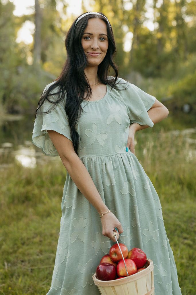 Sage Green Dress with Embossed Floral Pattern — Pinterest Girl Outfits 2027