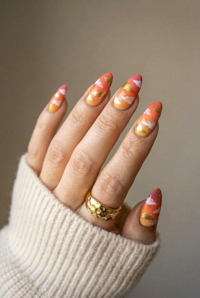 Stiletto Sunset with Cloud and Gold Foil Stiletto Sunset with Cloud and Gold Foil — Pink and Orange Sunset Nails 2027