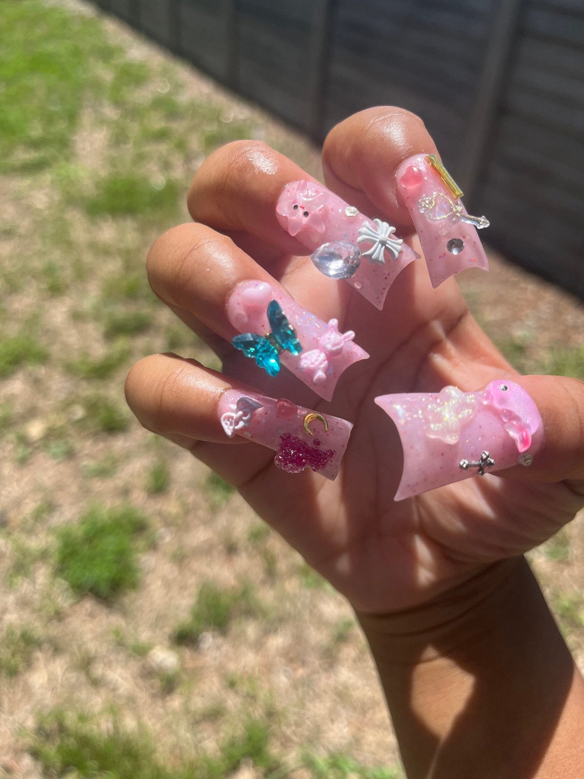 Long Coffin Pink Glitter with 3D Charms Long Coffin Pink Glitter with 3D Charms — Pink Duck Nails 2027