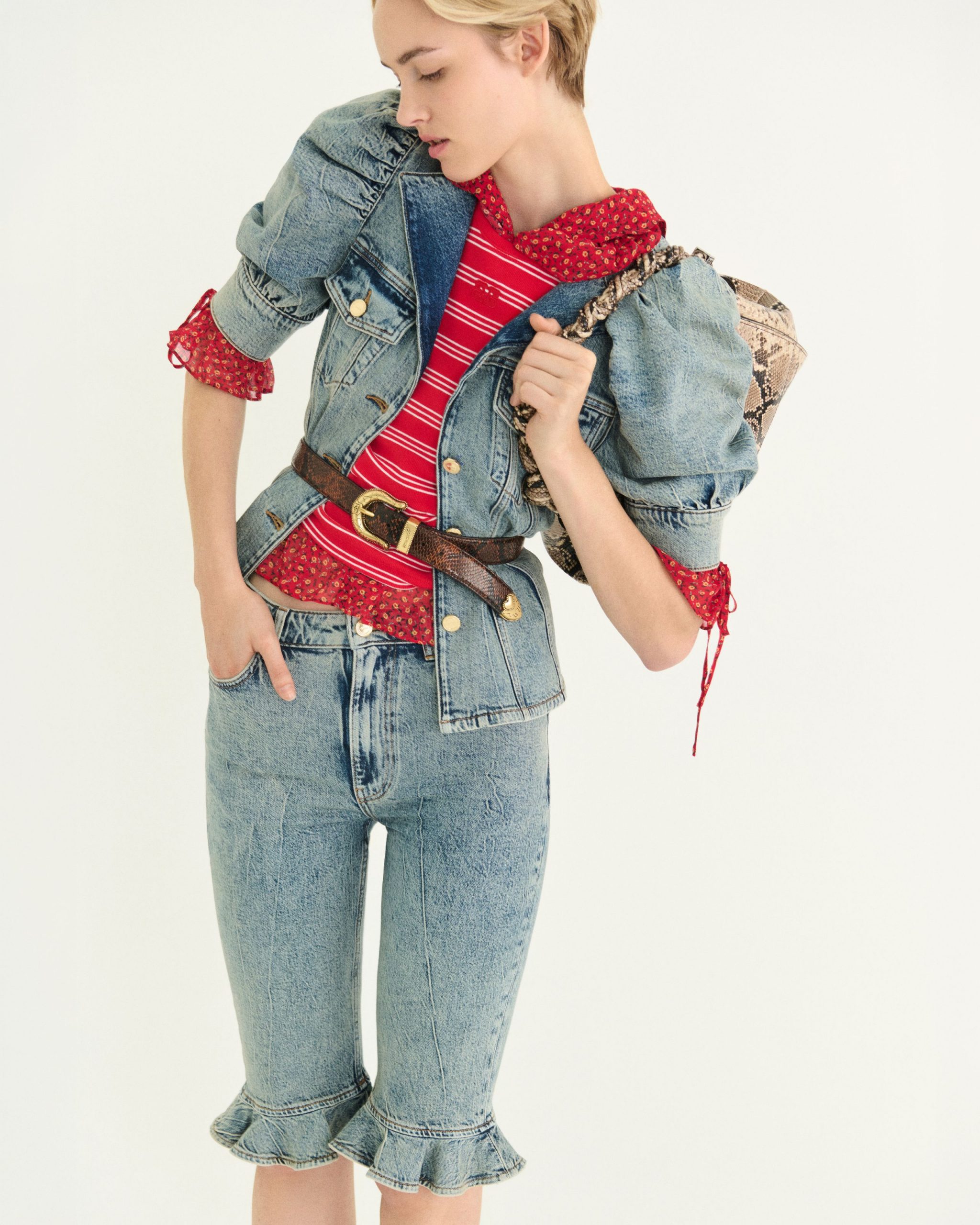 Puffed Sleeve Denim Jacket with Patterned Blouse and Ruffled Jeans — Denim Jacket Outfits 2027