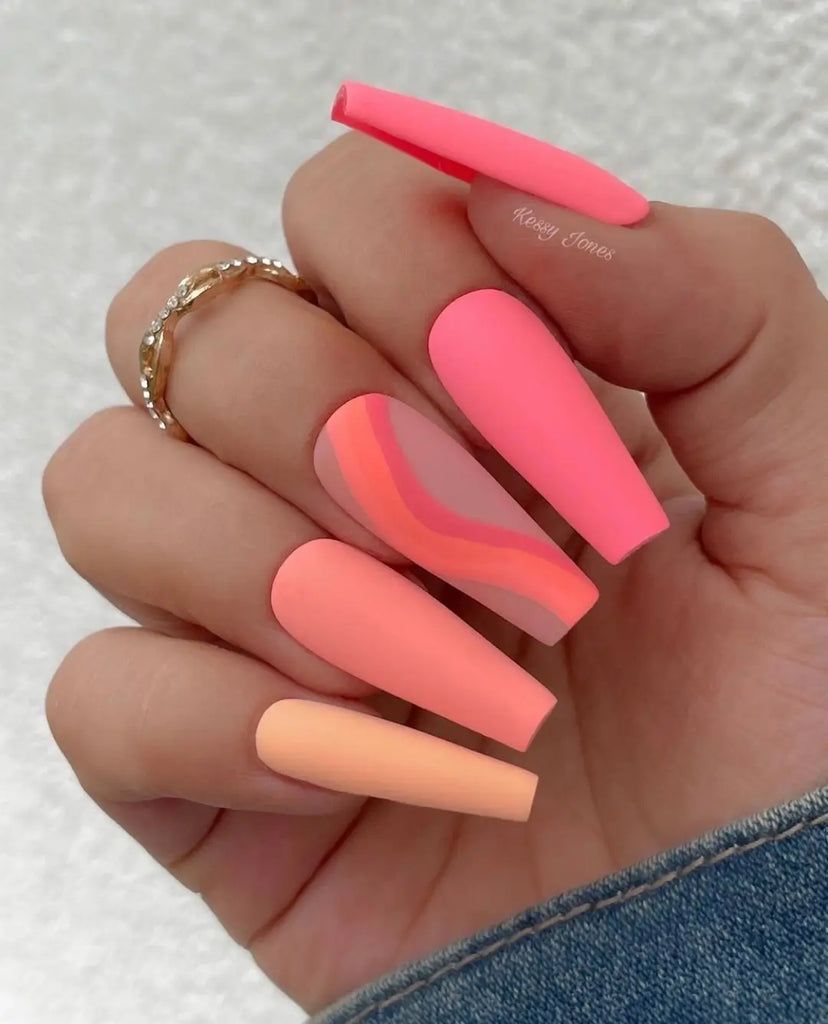Matte Coral with Pink Nude Wavy Lines — Coral Coffin Nails 2027