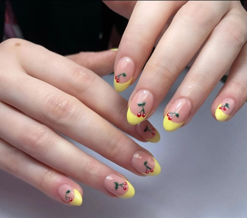 Yellow French Cherry Motif Medium Almond Nails Yellow French Cherry Motif Medium Almond Nails — Practical Mom Nails 2027