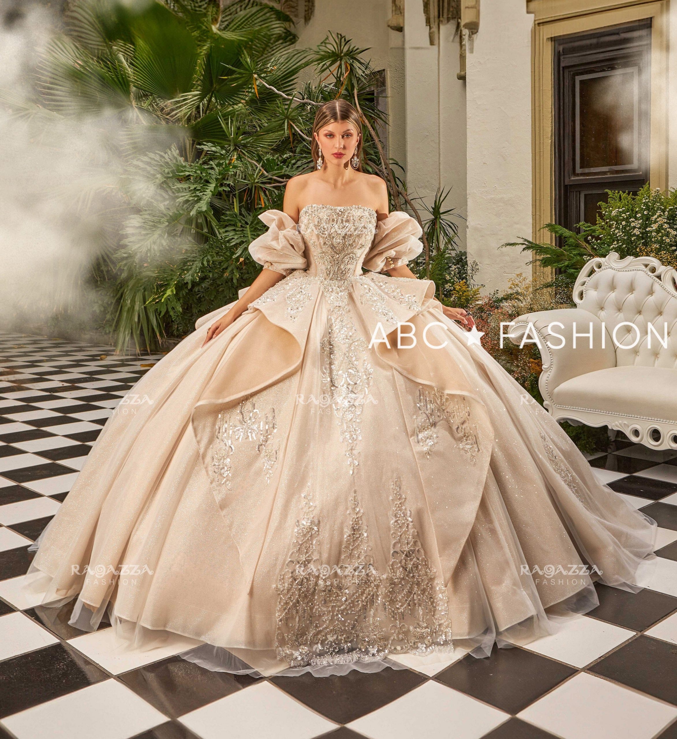 Champagne Strapless Ballgown with Puff Sleeves and Beading Champagne Strapless Ballgown with Puff Sleeves and Beading — Strapless Dresses 2027