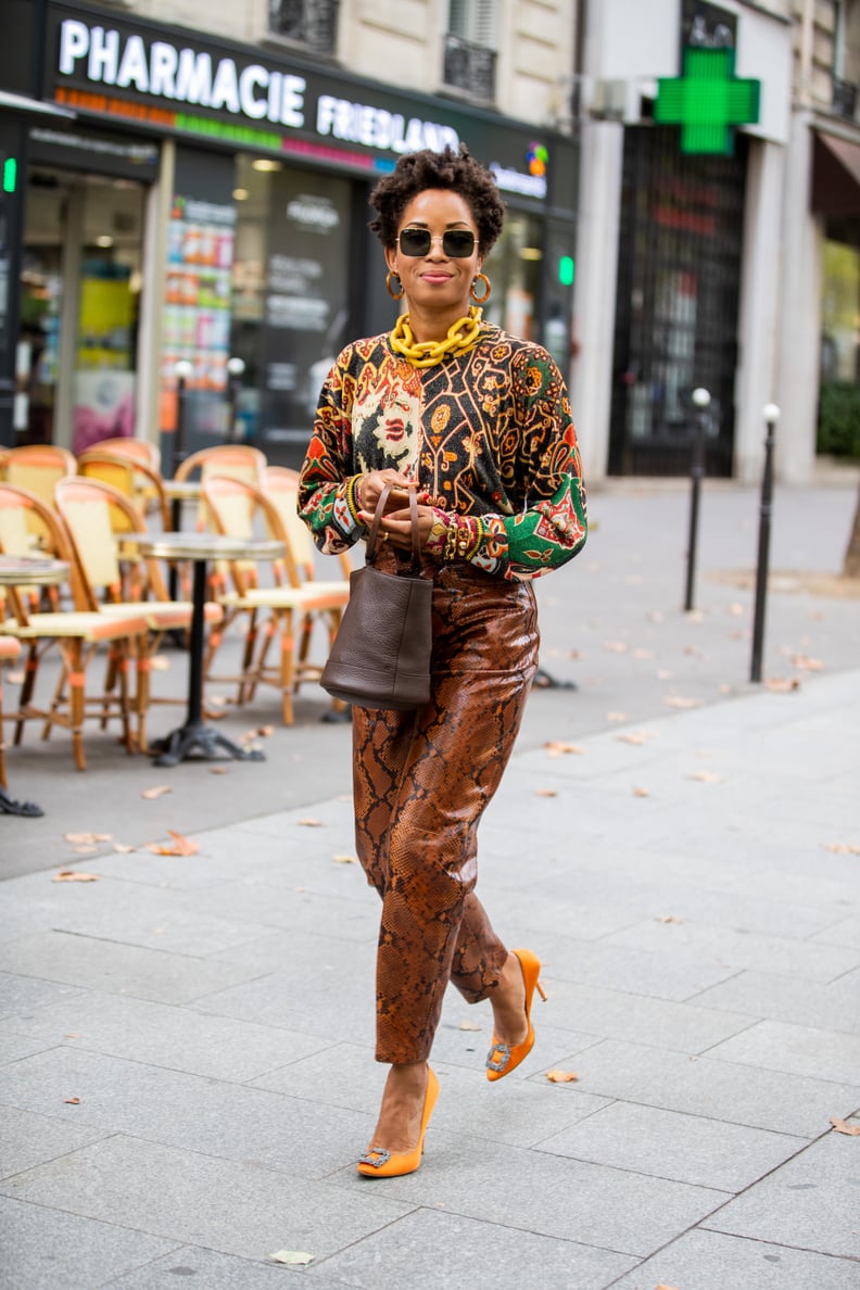 Bold Pattern Play: Snake-Print Leather Pants with Colorful Top Bold Pattern Play: Snake-Print Leather Pants with Colorful Top — Leather Pants Outfits 2027