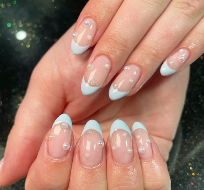 Pearl and Rhinestone French Tips — Baby Shower Nails 2027