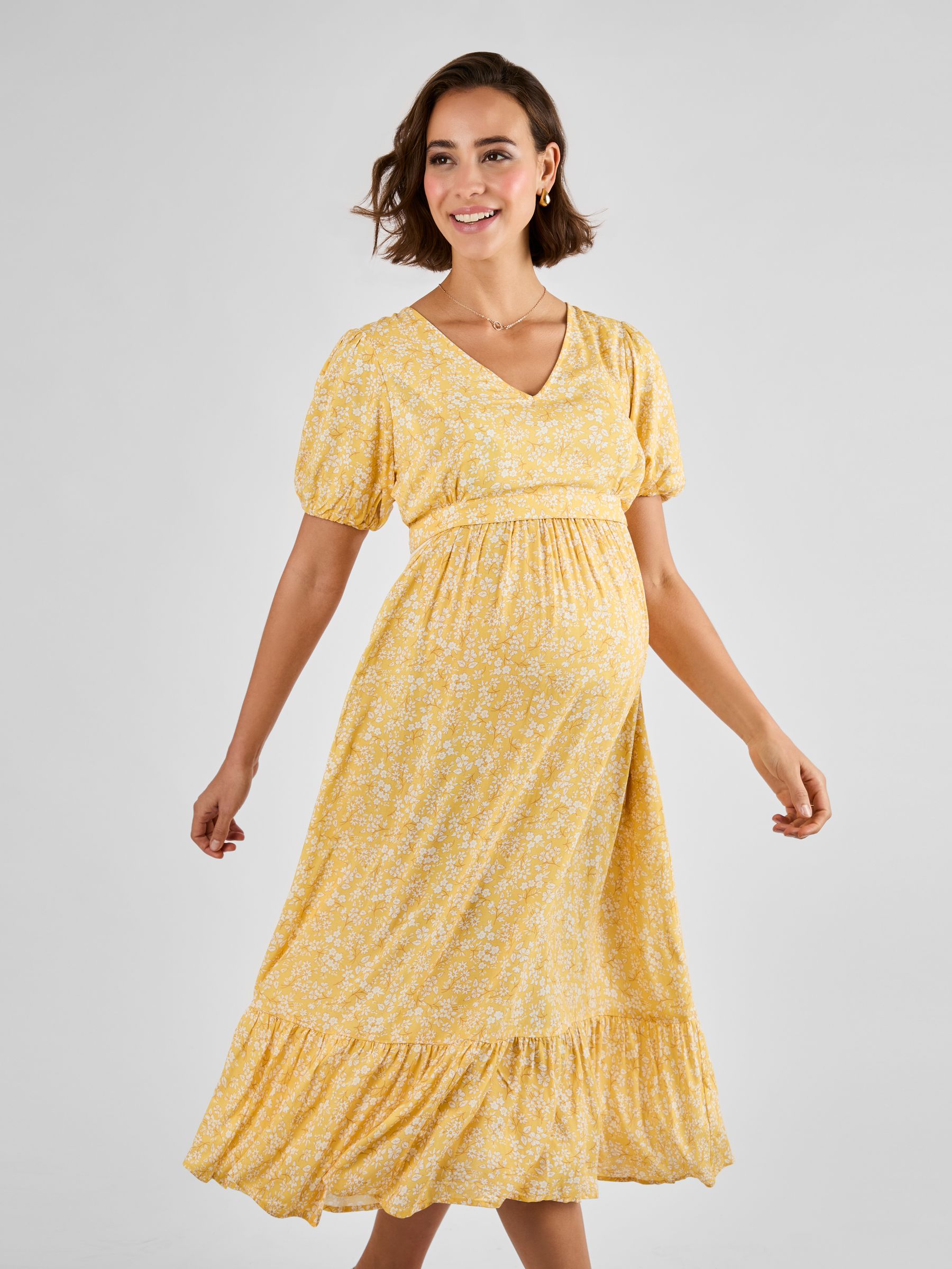 Vibrant Yellow Floral Puff Sleeve Maternity Midi Dress Vibrant Yellow Floral Puff Sleeve Maternity Midi Dress — Maternity Dresses 2027