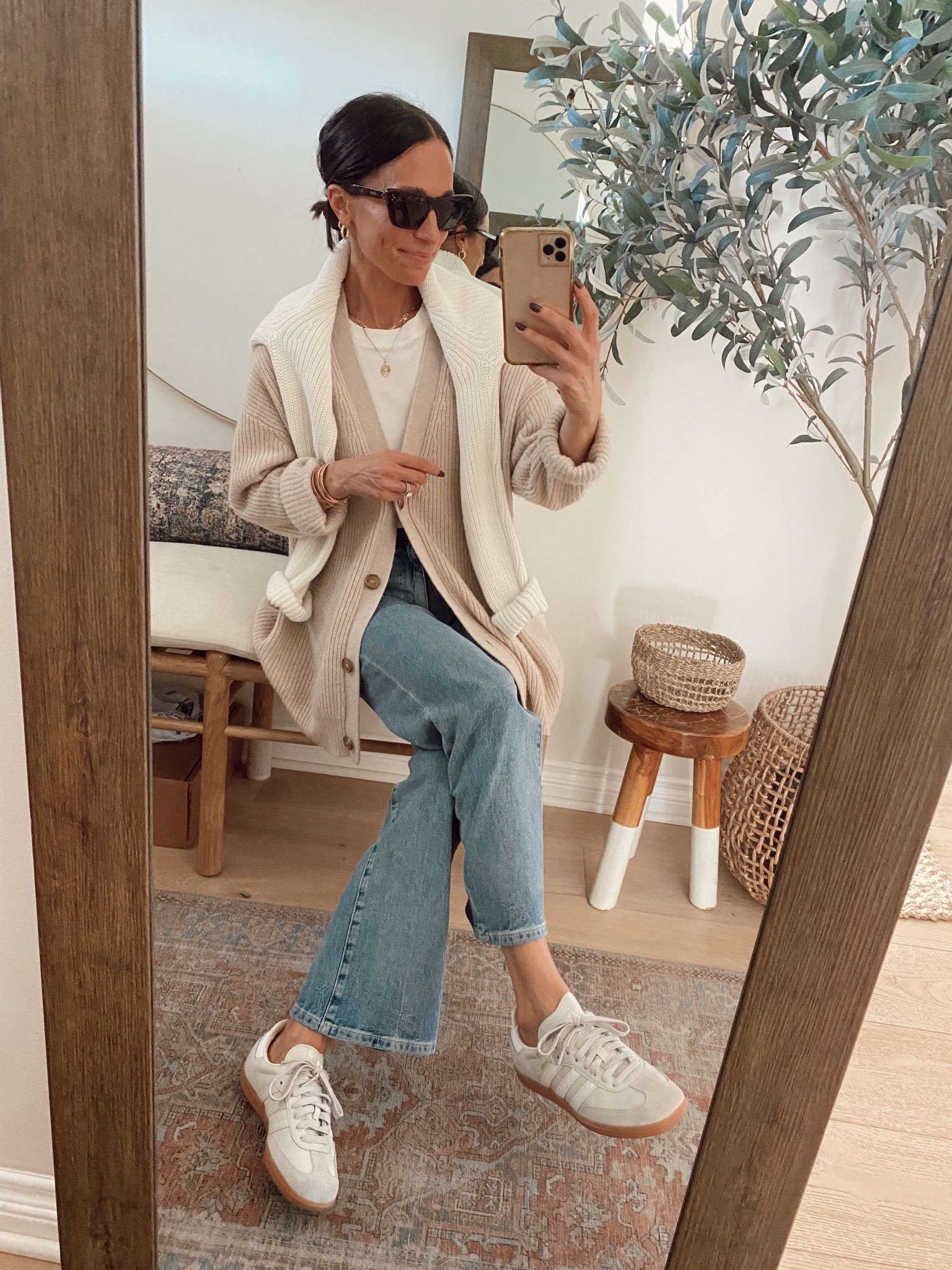Beige Cardigan with Collar Detail and Light Blue Jeans with White Adidas Samba Beige Cardigan with Collar Detail and Light Blue Jeans with White Adidas Samba — Adidas Samba Spring Outfits 2027