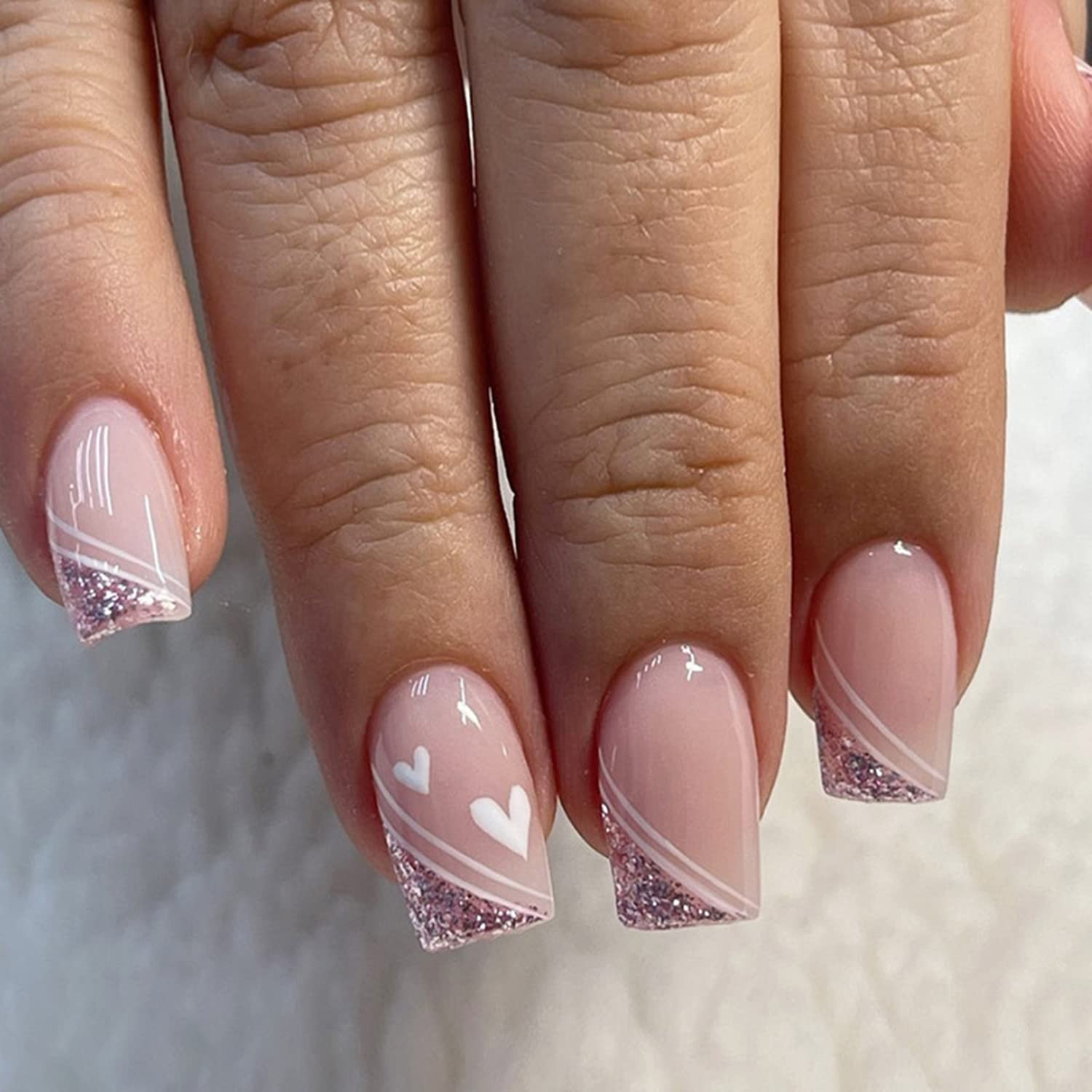 Short Square Pink Glitter French Heart Nails Short Square Pink Glitter French Heart Nails — Short Heart Coffin Nails 2027