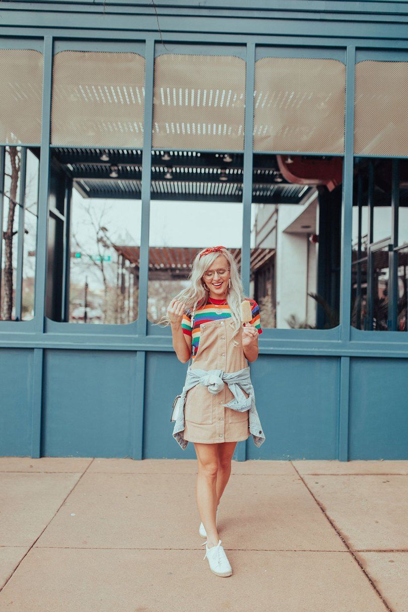 Denim Overall Dress with Rainbow Stripes Denim Overall Dress with Rainbow Stripes — Cheer Outfits for Women 2027
