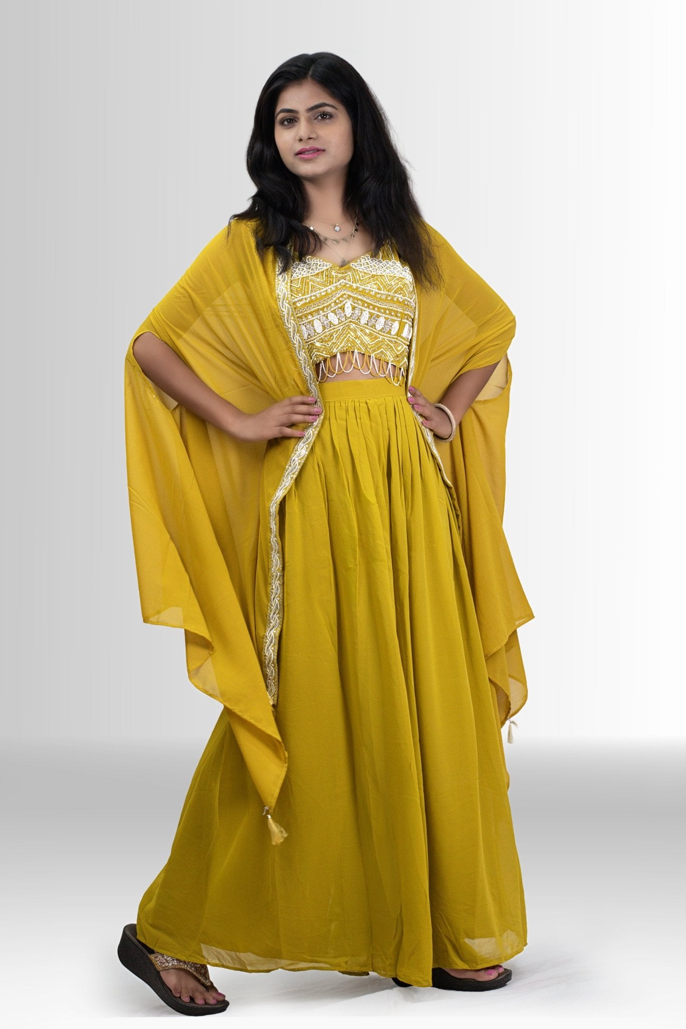 Indo-Western Mustard Ensemble with Embroidered Crop Top and Cape — Mustard Outfits 2027