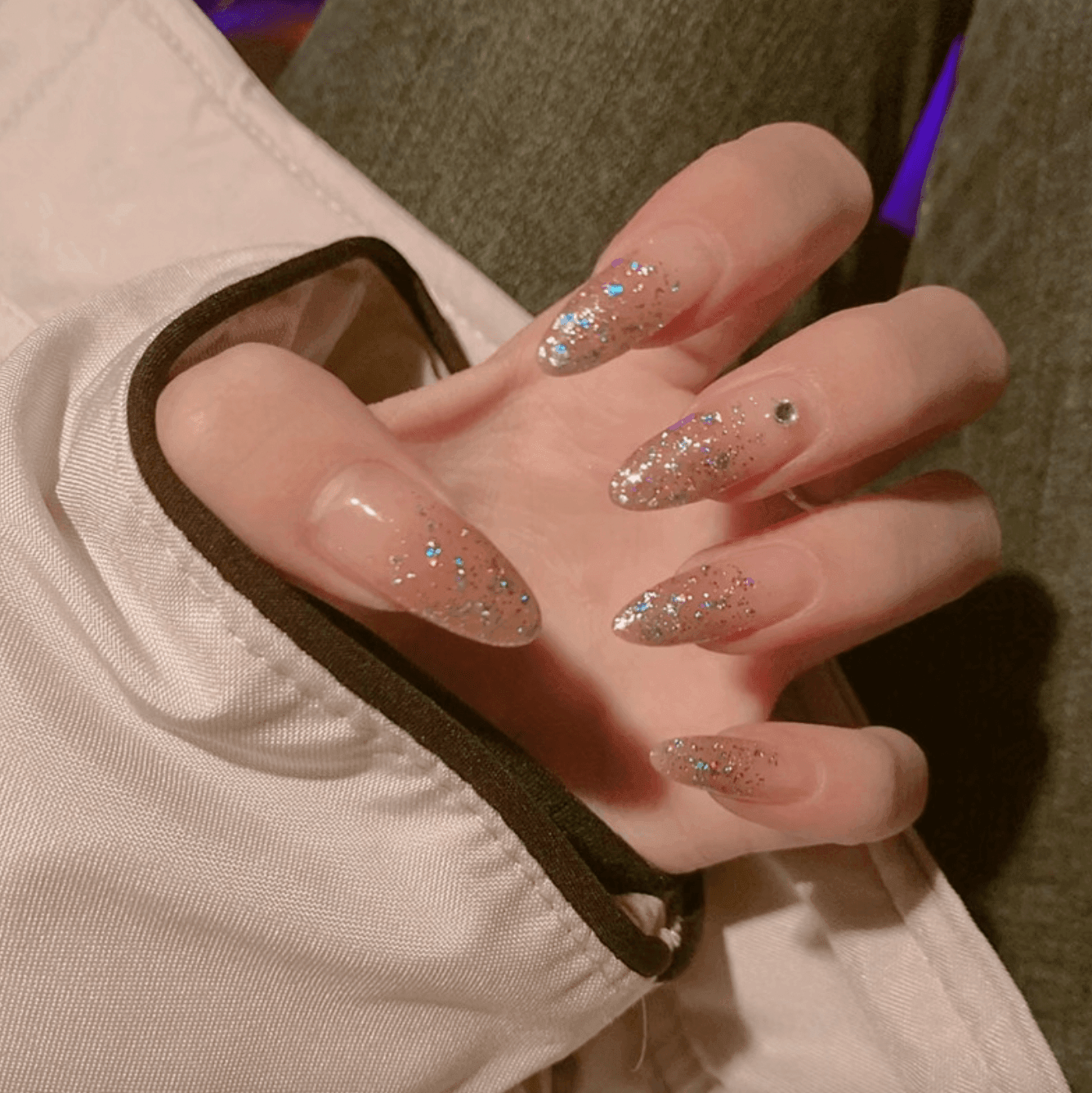 Sheer Nude Abundant Silver Glitter Almonds Sheer Nude Abundant Silver Glitter Almonds — Long Almond Nails 2027