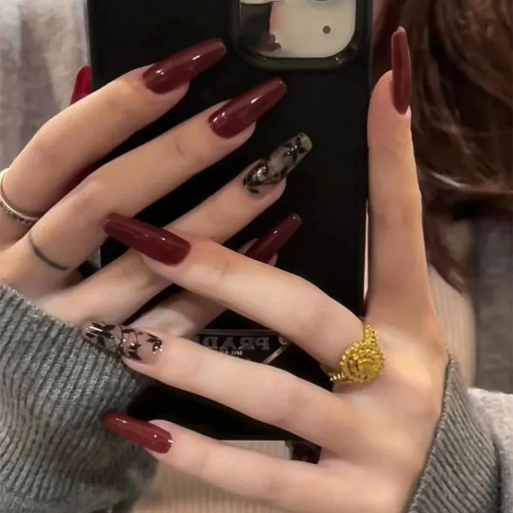 Deep Burgundy with Abstract Black Design — Long Coffin Nails 2027
