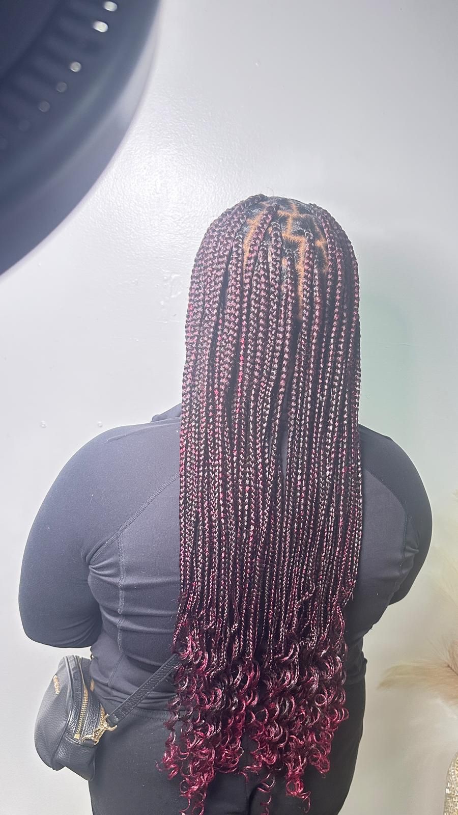 Mid-Back Burgundy Braids With Wavy Ends Mid-Back Burgundy Braids With Wavy Ends — Burgundy Knotless Braids 2027