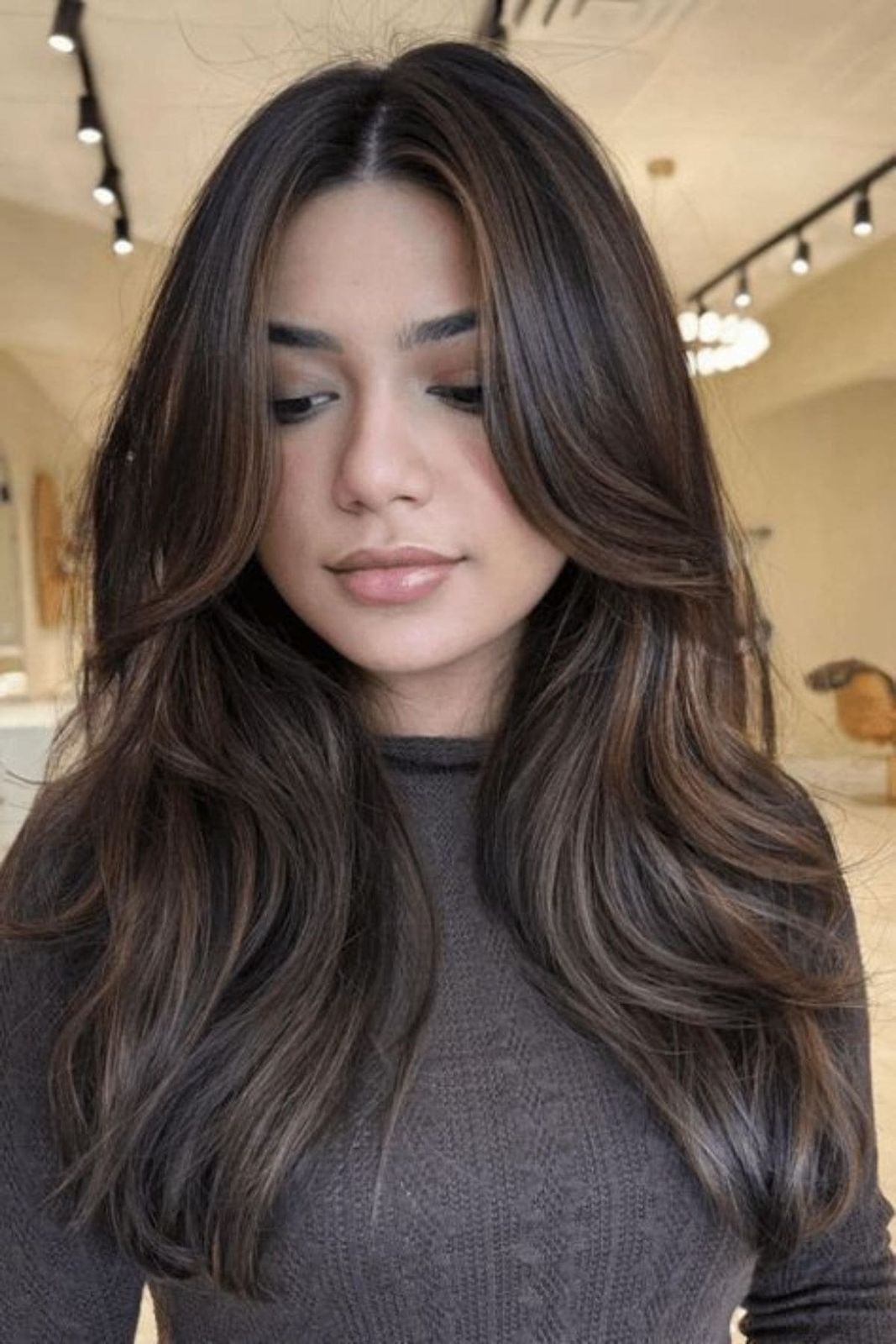Warm Blonde Balayage With Curtain Bangs — Balayage on Dark Brown Hair 2027
