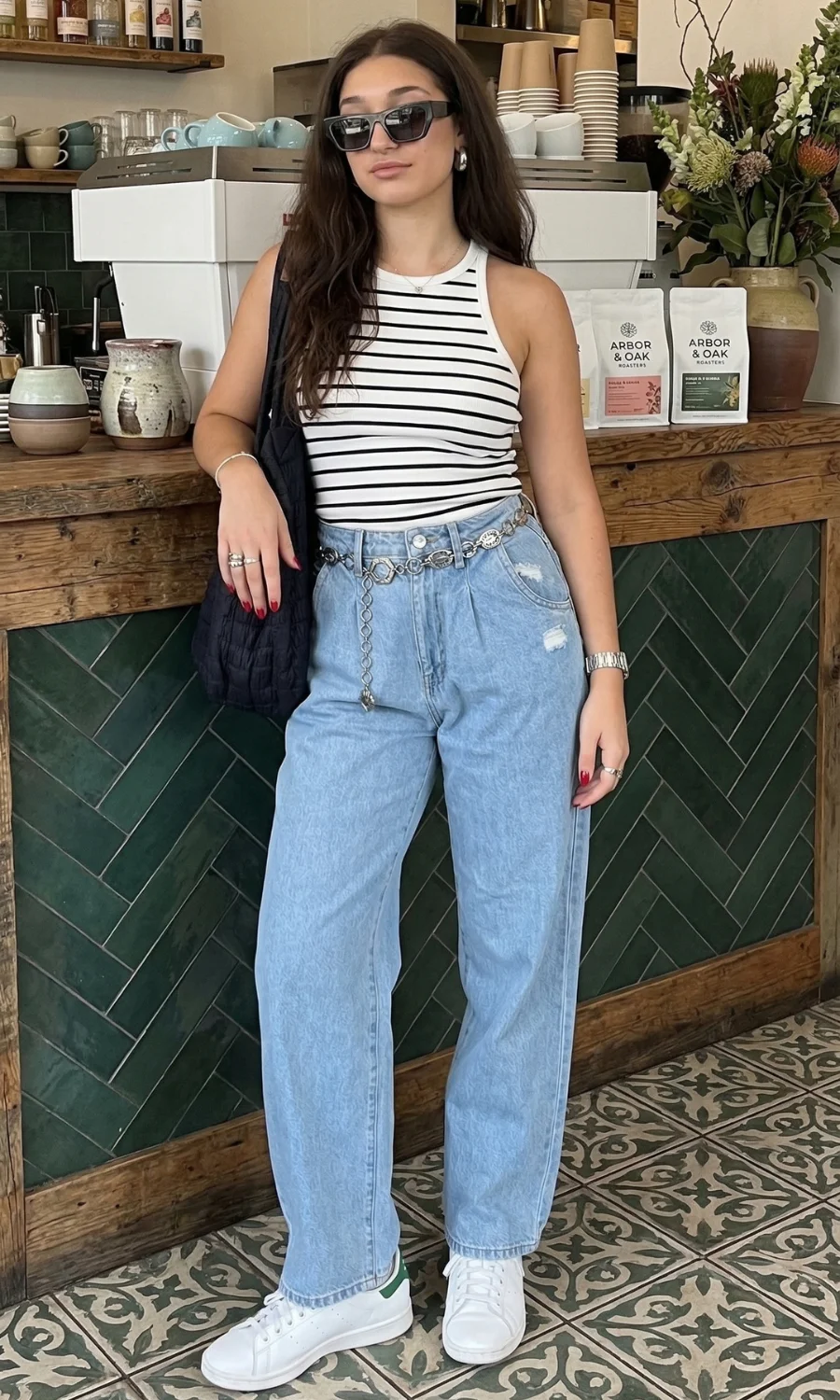 Light Blue Wide-Leg Jeans with Striped Tank and Chain Belt Light Blue Wide-Leg Jeans with Striped Tank and Chain Belt — Powder Blue Outfits 2027