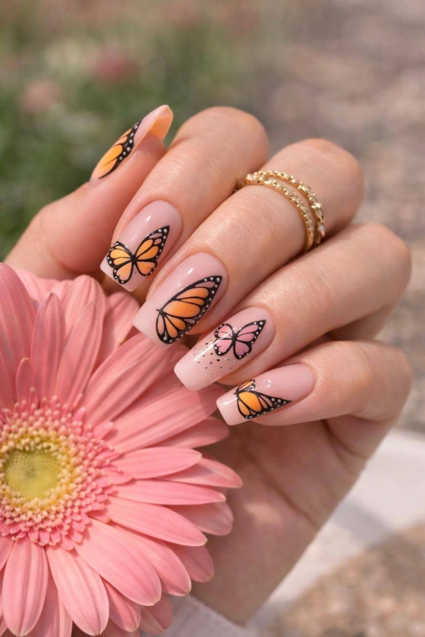 Sheer Pink Orange Butterfly Decal Almonds — Short Butterfly Almond Nails 2027