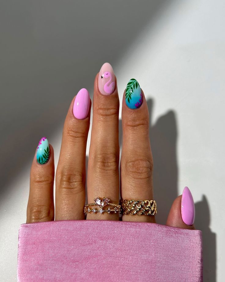 Pink Flamingo Leaf Almond Nails Pink Flamingo Leaf Almond Nails — Bahamas Nails 2027