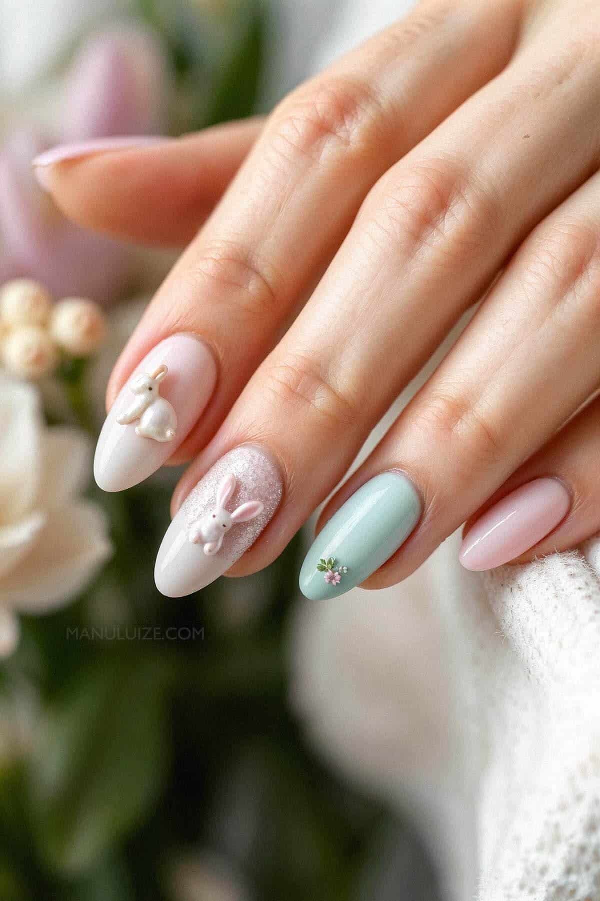 3D Bunny Embellished Pastel Nails 3D Bunny Embellished Pastel Nails — Easter French Tip Nails 2027