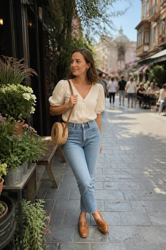 Off-White Linen Blend Puff Sleeve Blouse with V-Neck and Light Blue Jeans Off-White Linen Blend Puff Sleeve Blouse with V-Neck and Light Blue Jeans — Puff Sleeve Blouse Outfits 2027