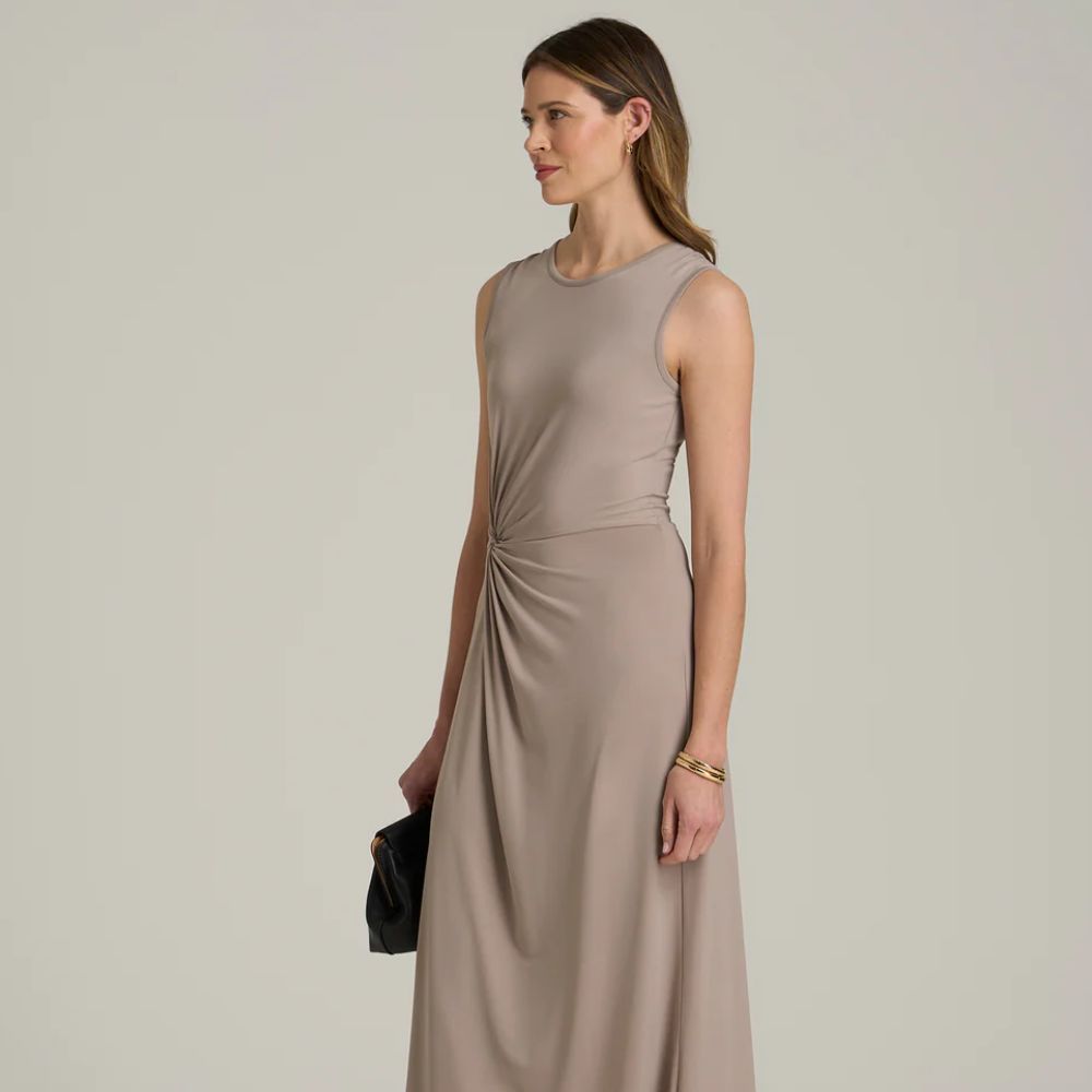 Sleeveless Beige Maxi Dress with Twisted Waist Detail — Tall Women Outfits 2027