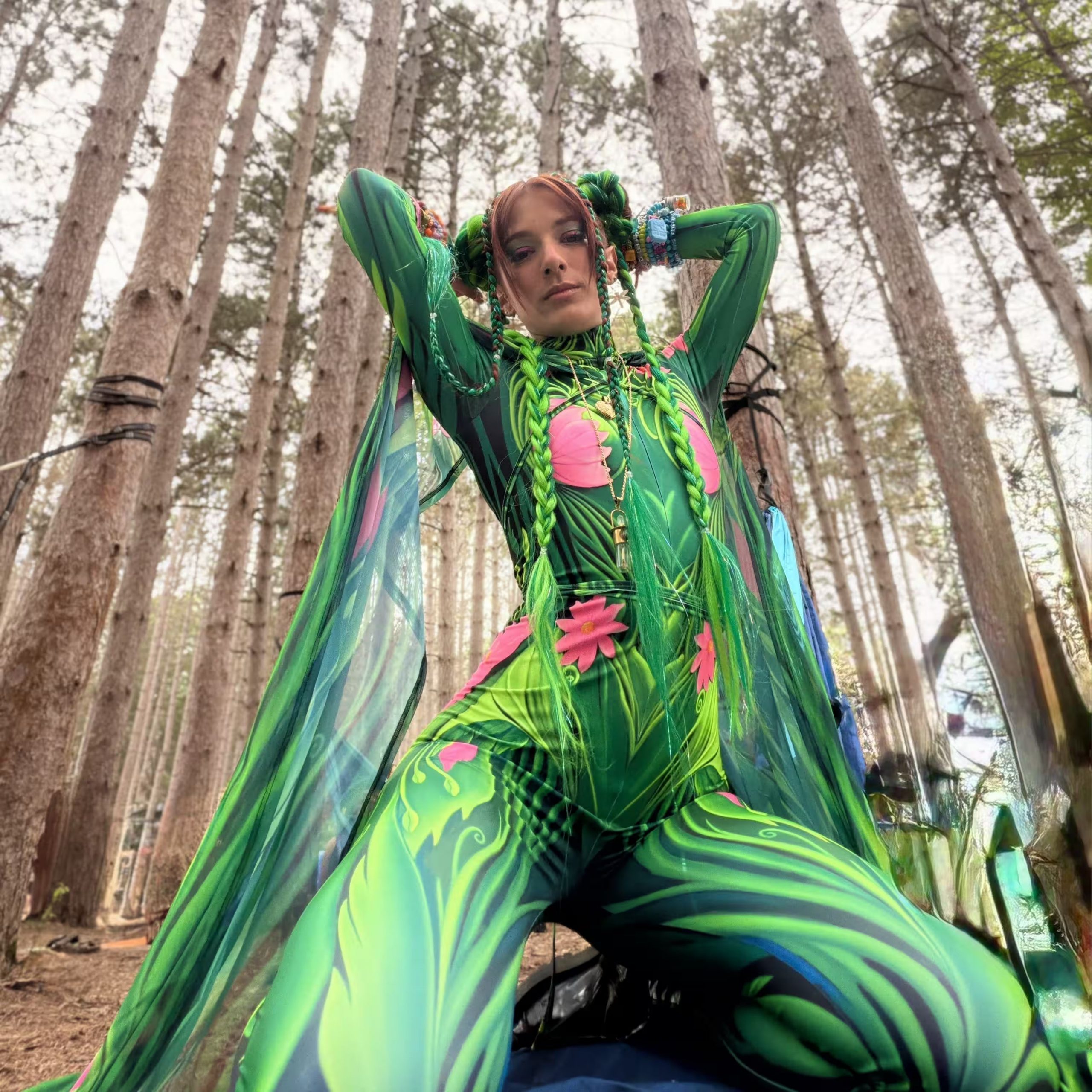 Green Bodysuit with Leaf and Flower Print and Sheer Panels — Fairycore Outfits 2027