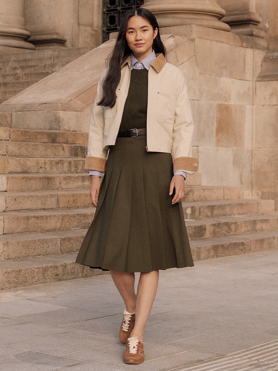 Beige Cropped Jacket with Olive Midi Skirt and Sweater Vest Beige Cropped Jacket with Olive Midi Skirt and Sweater Vest — Winter Office Outfits 2027