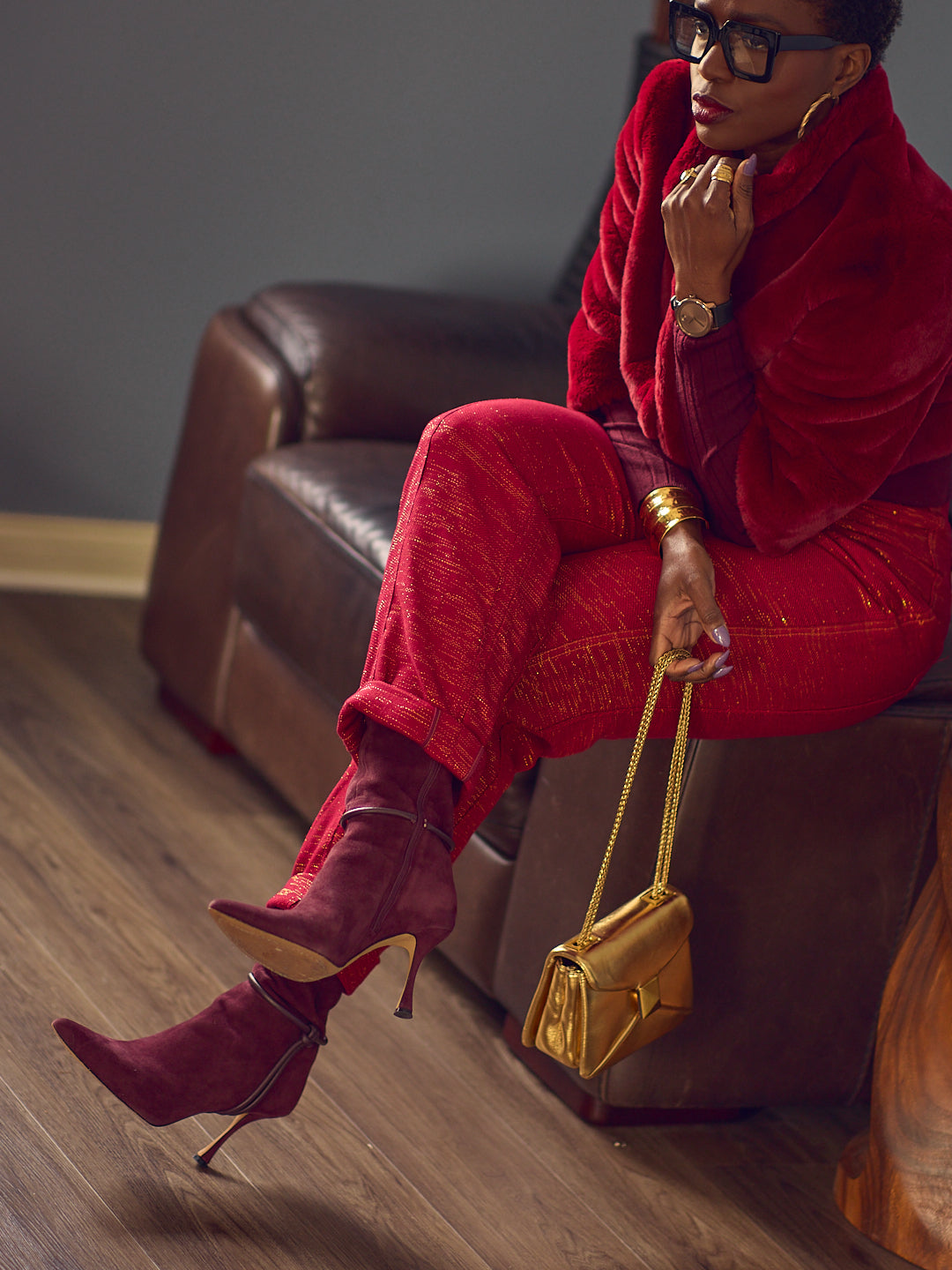 Casual Holiday Party Vibrant Red Faux Fur Jacket with Metallic Trousers Casual Holiday Party Vibrant Red Faux Fur Jacket with Metallic Trousers — Winter Colorful Outfits 2027