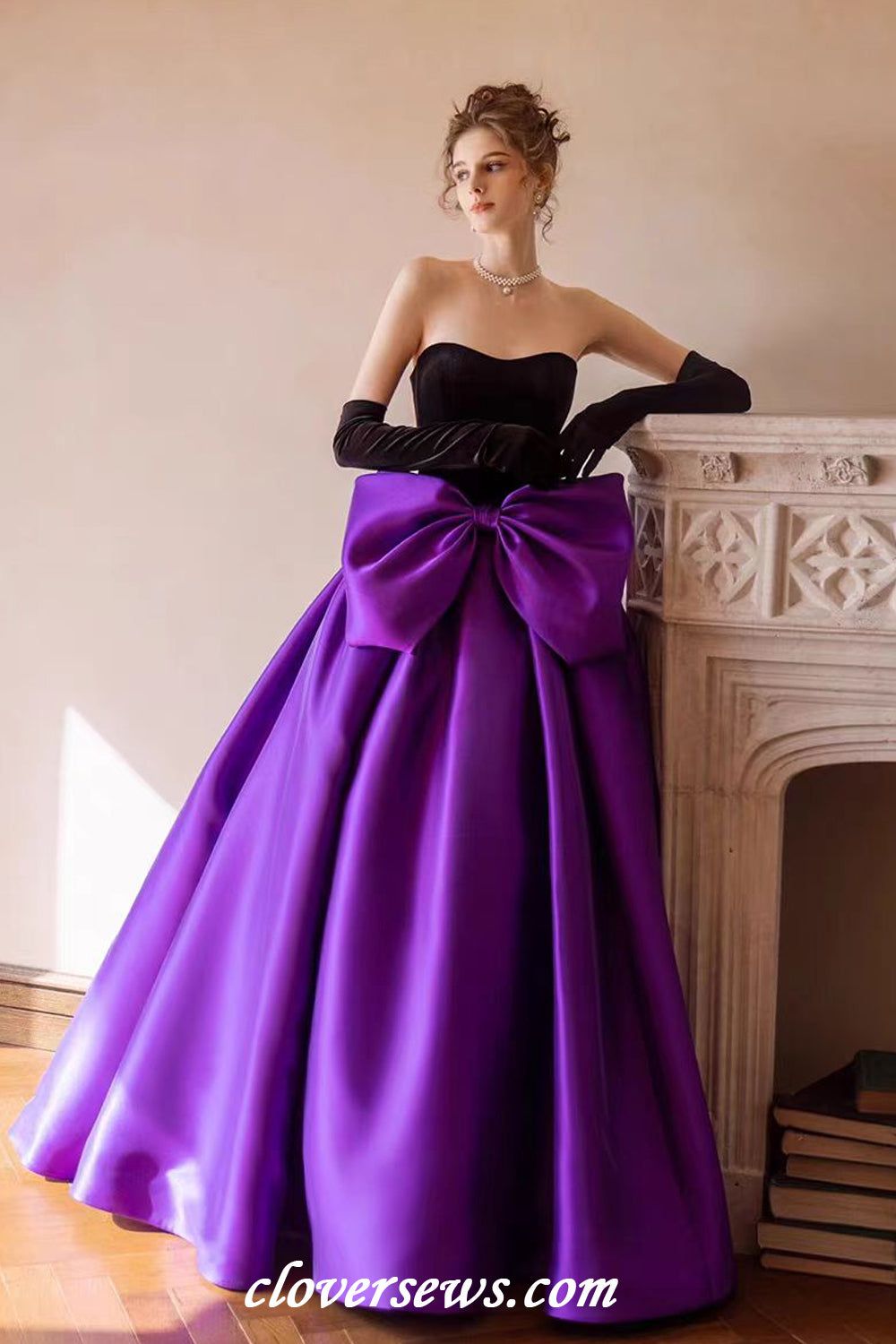 Black Velvet and Purple Satin Ballgown with Oversized Bow and Gloves Black Velvet and Purple Satin Ballgown with Oversized Bow and Gloves — Prom Dress 2027 with Gloves