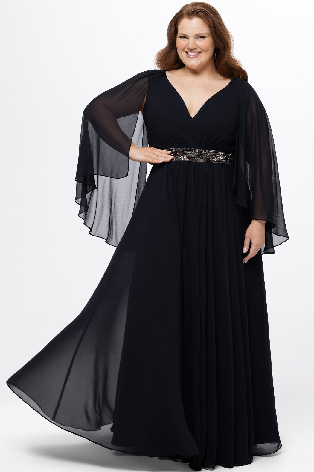 Black Chiffon Gown with Dramatic Cape Sleeves Black Chiffon Gown with Dramatic Cape Sleeves — Plus Size Wedding Guest Outfits 2027