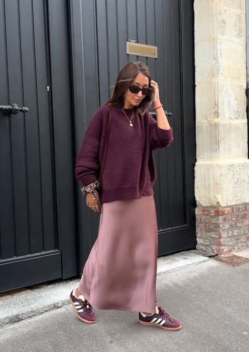 Oversized Burgundy Sweater with Dusty Rose Satin Skirt — Winter Minimalist Outfits 2027