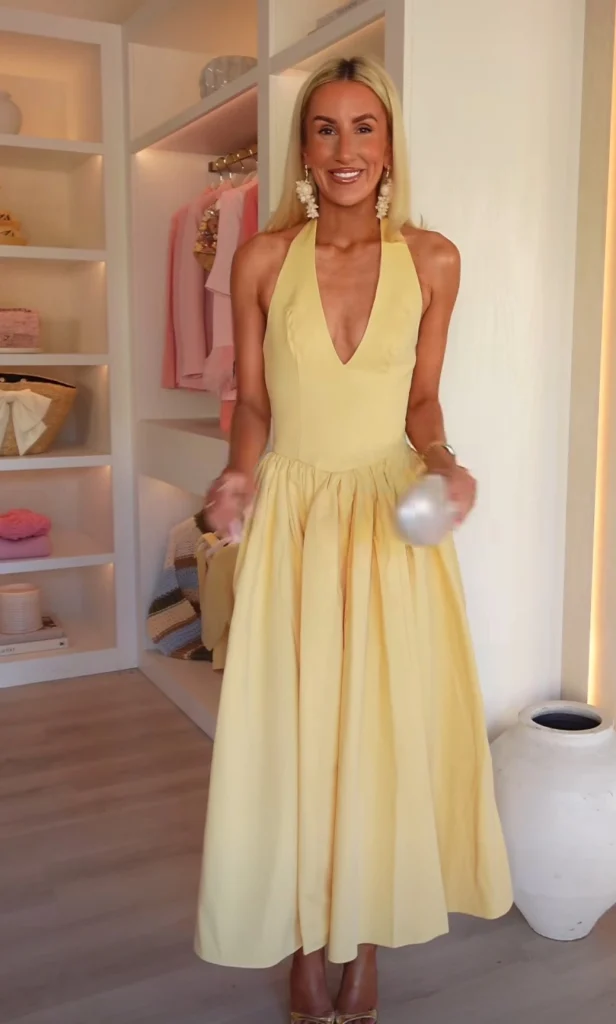 Pale Yellow Halter Neck Maxi Dress with Voluminous Skirt — Summer Wedding Outfits 2027