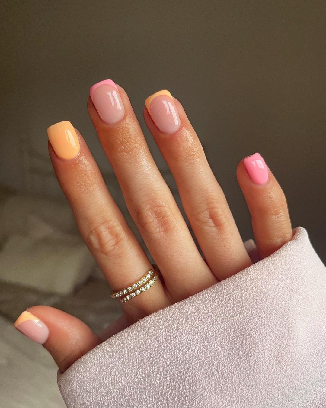 Multi-Colored French Tips Short Square — Coral French Tip Nails 2027