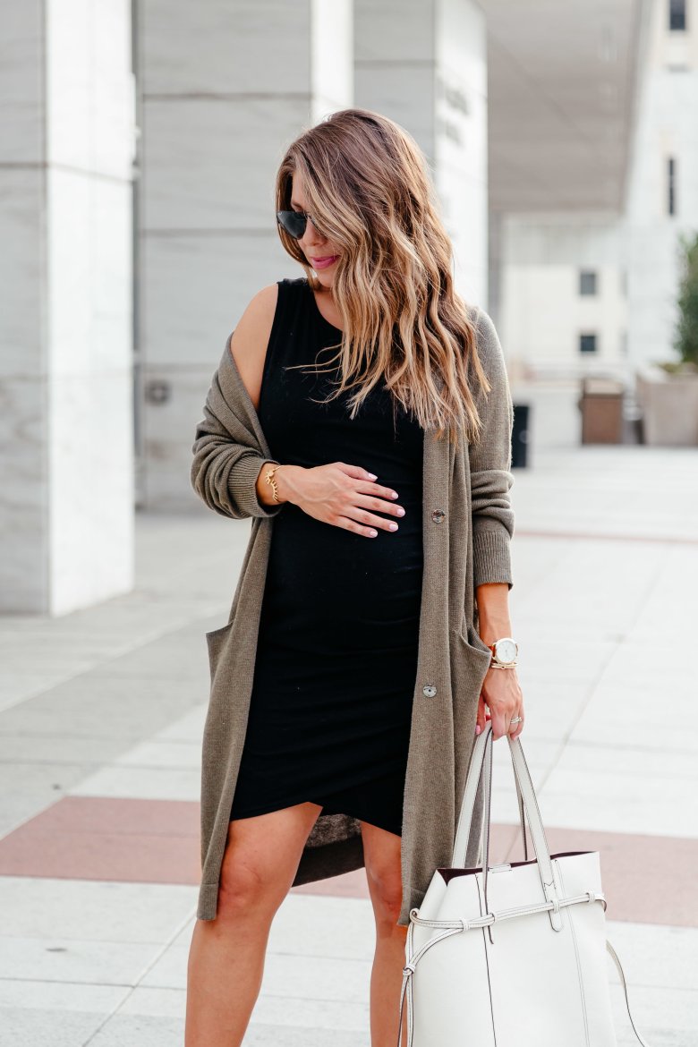 Long Olive Green Cardigan Draped Over a Black Dress Long Olive Green Cardigan Draped Over a Black Dress — Fall Cardigan Outfits 2026