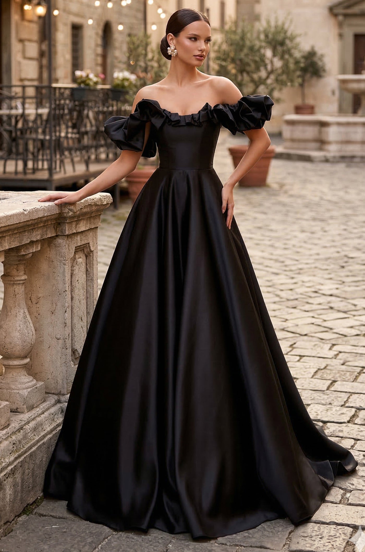 Dramatic Black Satin Ball Gown with Off-Shoulder Ruffles Dramatic Black Satin Ball Gown with Off-Shoulder Ruffles — Black Prom Dresses 2027