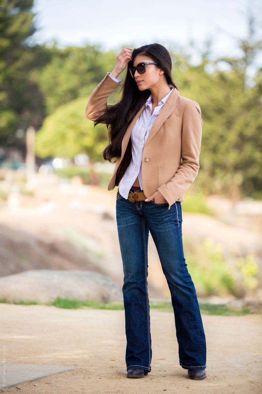 Tan Blazer with Striped Shirt and Blue Bootcut Jeans Tan Blazer with Striped Shirt and Blue Bootcut Jeans — Blue Bootcut Jeans Outfits 2027
