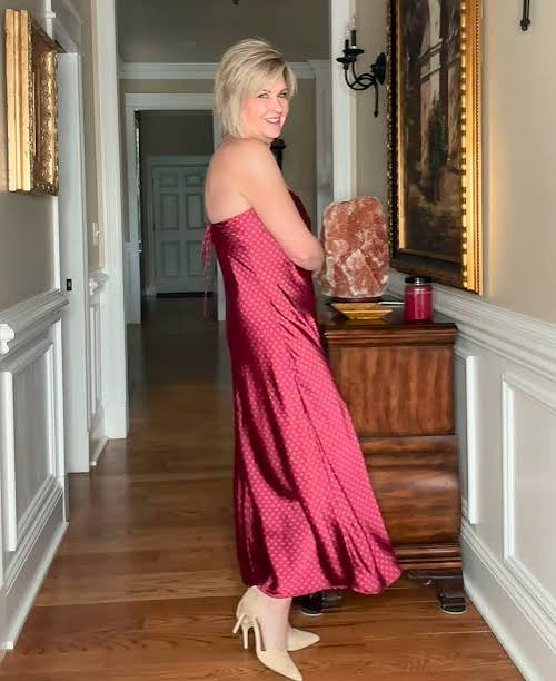 Fuchsia Polka Dot Satin Strapless Maxi Dress Fuchsia Polka Dot Satin Strapless Maxi Dress — Date Night Outfits 2027 for Women Over 50