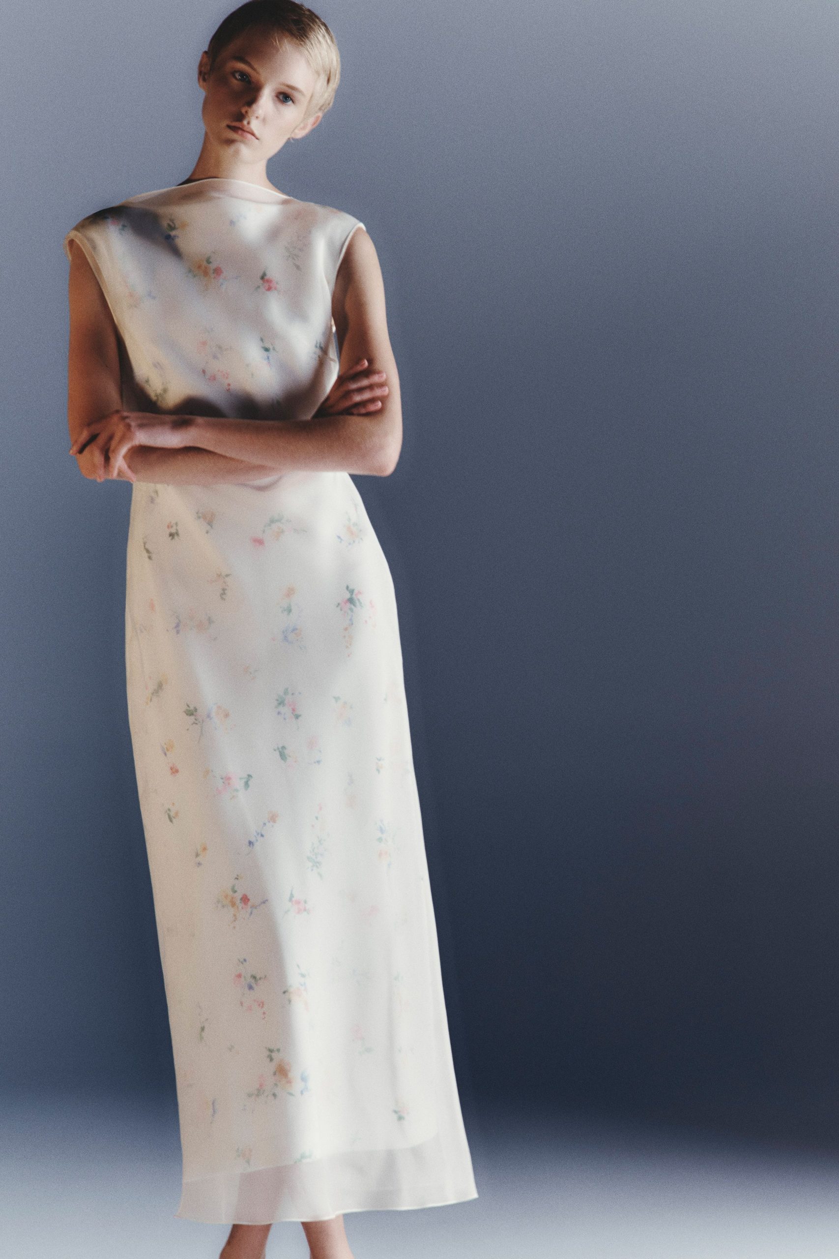 Ivory Silk Midi Dress with Delicate Floral Print — Silk Dresses 2027
